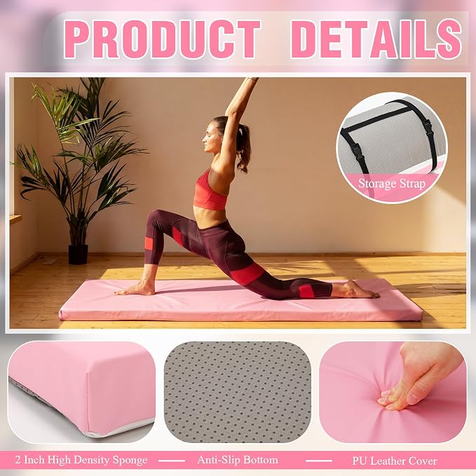 Lyrow 2 Inch 72"x24" Thick Foldable Yoga Mat with Carry Strap, Non-slip Portable Foam Gym Mat for Yoga, Pilates and Stretching