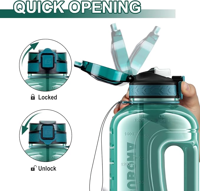 64oz Sports Durable Water Bottle with Handle Leak Proof | Big Handle, 2l, Wide Mouth, Motivational and Time Marker for Camping Gym, Office