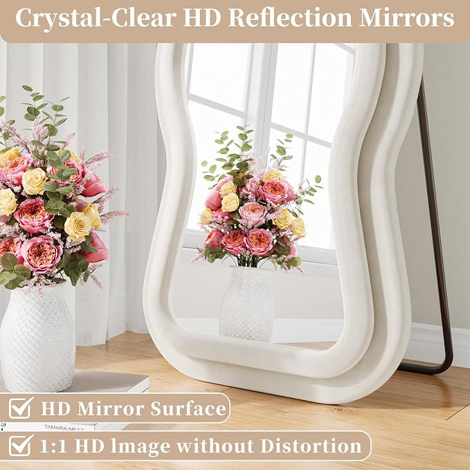 Mirror Full Length Flannel, 63"x24" Full Body Mirror with Stand | Flannel Floor Mirrors, Standing Mirror for Bedroom, Living Room, Dressing Room, Hanging Leaning Wall Mirror, Beige