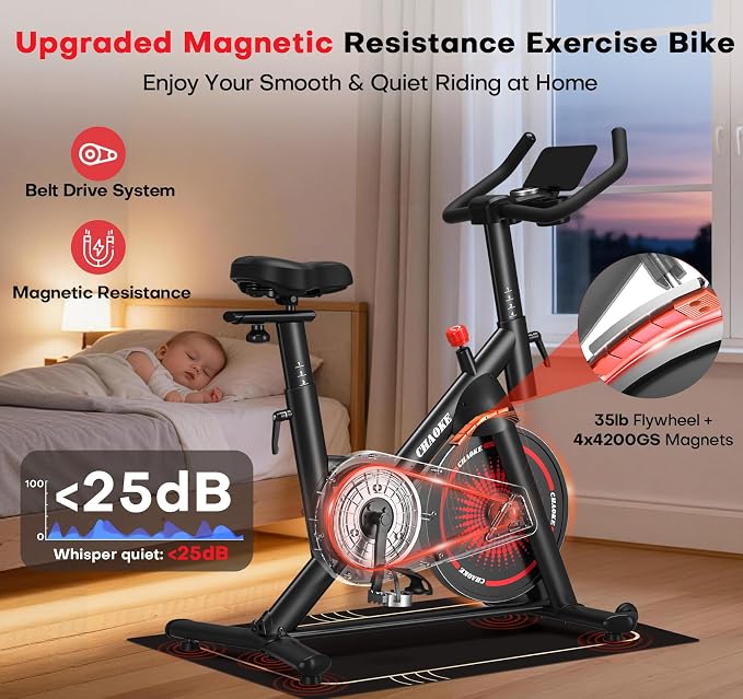 CHAOKE Exercise Bike, Quiet Adjustable Magnetic Stationary Bike for Home Cardio with App Compatible, 350LB Weight Capacity Indoor Cycling Bike with Comfortable Seat, Digital Display for Home Fitness