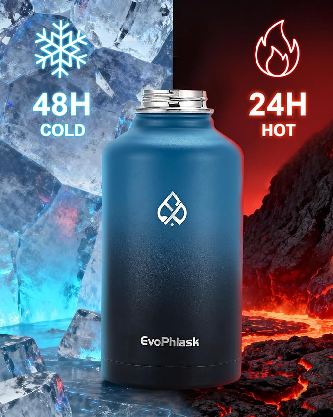 64 oz Insulated Water Bottle with Carrier Bag, Indigo Black | Stainless Steel, Vacuum Insulated Keep Cold 48 Hrs, Half Gallon Large Water Jug, For Travel, Sport, Gym, Hiking