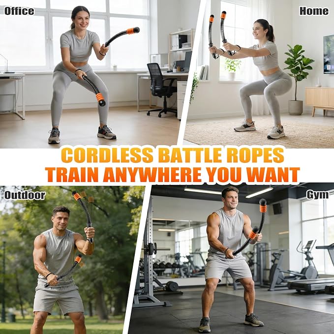 Cordless Battle Ropes Adjustable Weighted with 8 Removable Weight Rings | Portable, Ropeless, Storage bag, non-slip handle, for Home Gym, HIIT, Functional ＆ Full Body Workout for Women and Men