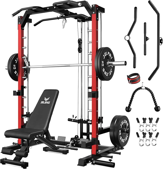 SR01 Smith Machine, 2000LBS Multi-Function Power Cage with LAT Pulldown System, All-in-One Home Gym Squat Rack with Smith Bar and Training Attachments for Full Body Workouts