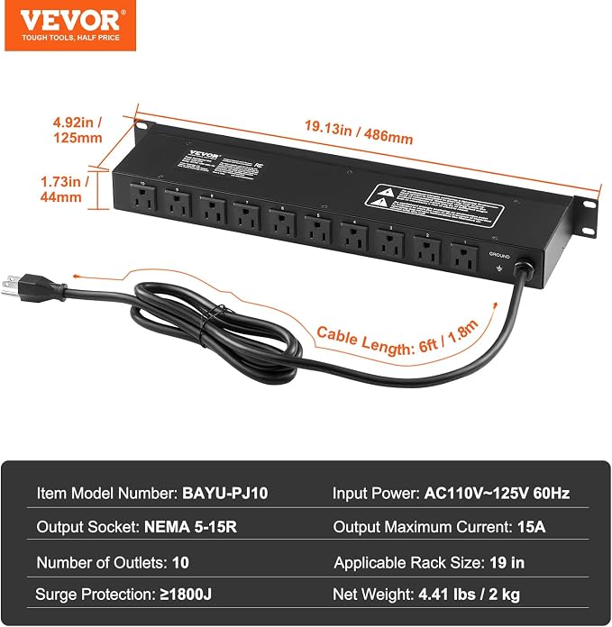 VEVOR 10 Outlet Horizontal 1U Rack Mount PDU Power Strip for Network Server Racks, 10 Individual Led Switches Surge Protection & Overload Protection, 110-125V/15A, with 6ft 14AWG Power Cord
