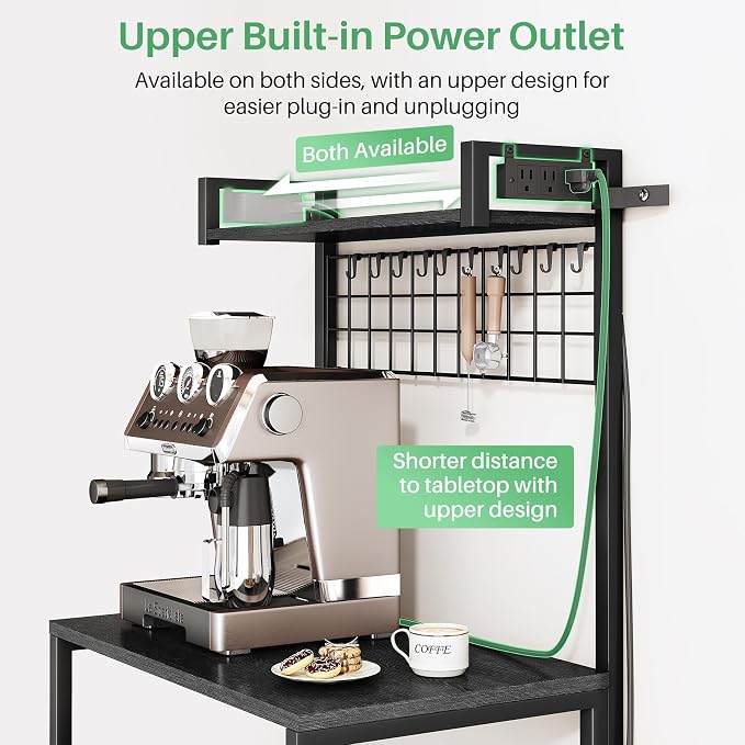 SNTD Bakers Rack with Power Outlet, Microwave Stand, Black, 23.5" W | Coffee Stand, 4 Tiers Kitchen Storage Shelves, Wire Grid Panel, 10 Hooks, Metal Frame, Triple X-Shaped Reinforcement