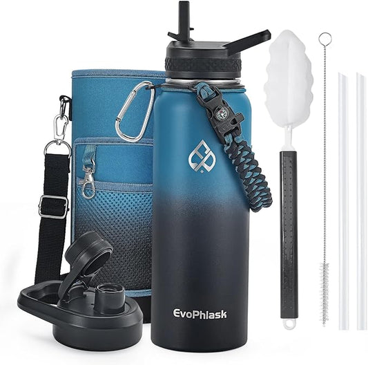 Insulated Water Bottle 40 oz with Carrier Bag, Indigo/Black | Stainless Steel, Vacuum Insulated Keep Cold 48 Hrs, Large Metal Water Jug, For Travel, Sport, Gym, Hiking