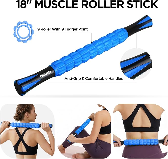 Muscle Roller & Massage Roller Stick for Athletes - Lymphatic Drainage Support, Relieves Muscle Soreness, Cramping & Tightness - Targets Legs, Arms, Back & Calves （Blue Wheel）