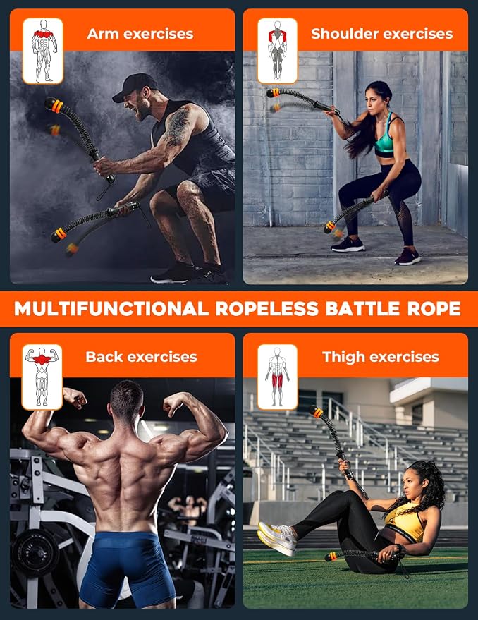 Cordless Battle Ropes 2 Pack Adjustable Weight Portable Ropeless Battle Ropes for Home Gym Full Body Workout with Non Slip Handle and Training Poster for HIIT Cardio Strength Training Men Women,Black