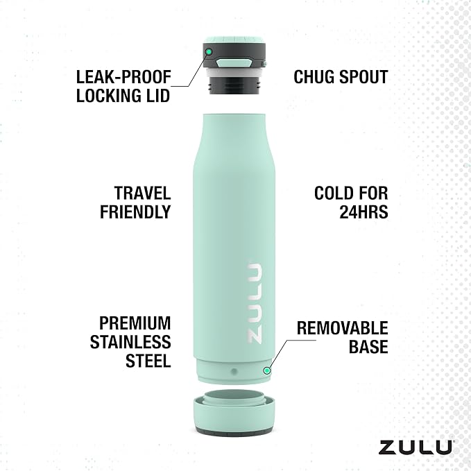 ZULU Ace 24oz Insulated Stainless Steel Water Bottle, Chug Spout, Yucca | Leakproof water bottle keeps drinks cold for hours. BPA-free, locking lid, sip or chug, perfect for gym, travel, and school.