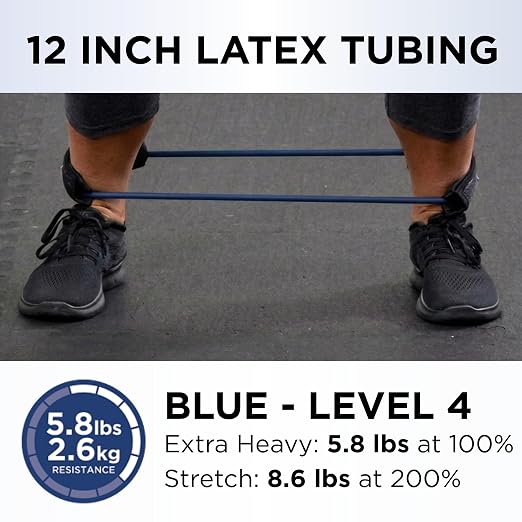 THERABAND Resistance Tubes, 12" Padded Cuffs, Blue, Extra Heavy, Level 4 | Durable, rubber. For home, travel, gym. Elastic, fitness, strength, training.