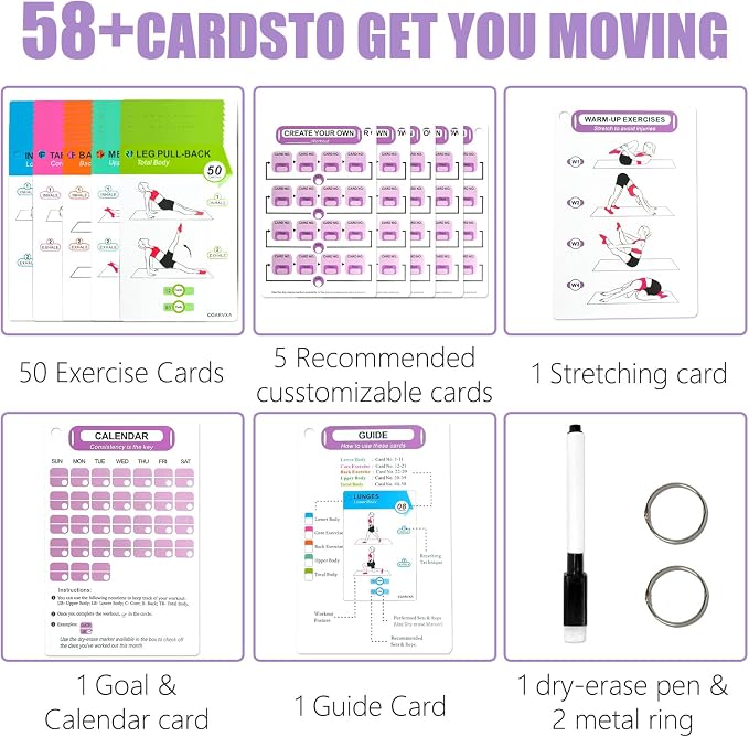 Pilates Workouts for Women-58 Exercise Cards with Pilates Mat Workout Postures，ncludes 4-Week Challenge,2 Rings& Dry-Erase for Easy Organization-Home, Gym or Studio