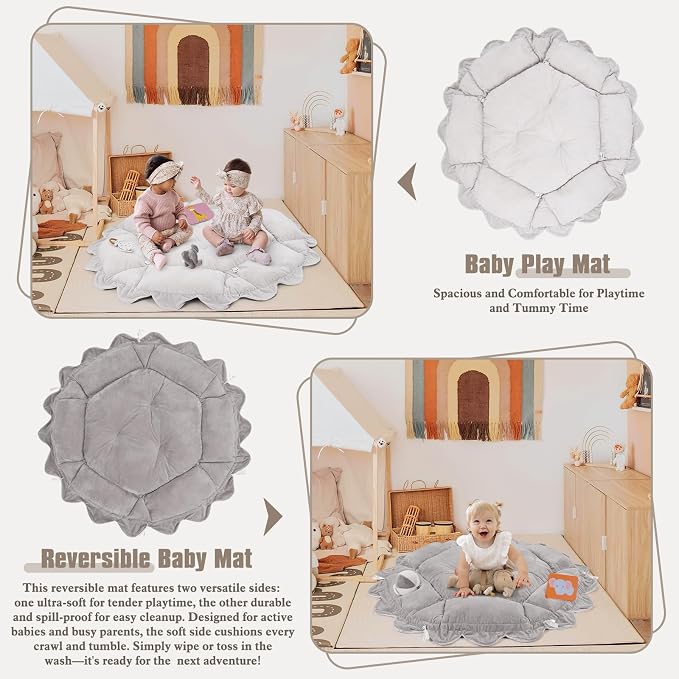 5-in-1 Plush Baby Play Gym, Activity Mat with Convertible Gym, Baby Gym 6 Sensory Toys, Play Center for Newborn to Toddler, Grey