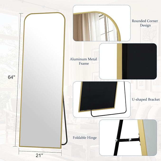 Full Length Mirror 64"x21" Arched Floor Standing Large Mirrors | Full Body Mirror with Stand - with Aluminum Frame for Bedroom Living Room, Gold