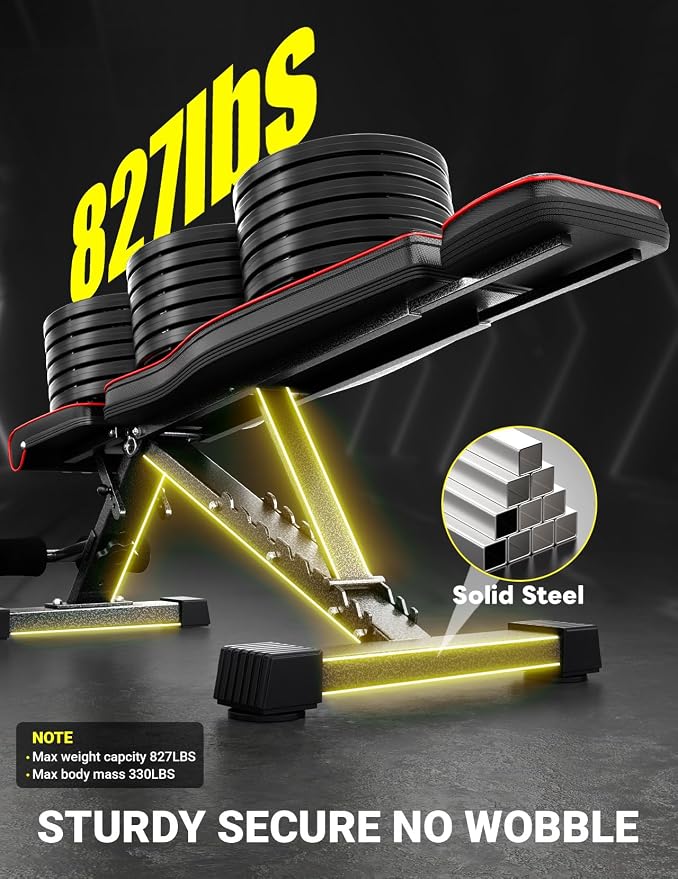 YOLEO Adjustable Weight Bench for Home Gym, ASTM-Certified 827LBS, 98% Pre-Assembled, Foldable Gym Bench with 84 Positions Incline Decline Flat, Wider Seat