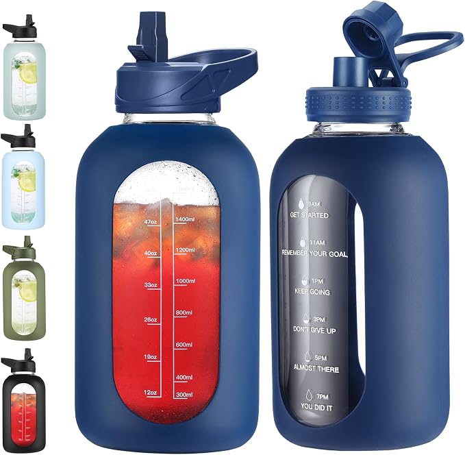 EALGRO 64 oz Glass Water Bottle with Straw, Large Half Gallon Water Jug | Sports Motivational Water Bottle with Time Marker and Silicone Sleeve, Flask Cup with Handle for Travel, Gym, School, Navy