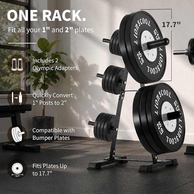 LIONSCOOL 1" & 2" Weight Plate Rack, Heavy Duty Weight Plate Tree, Olympic Weight Plate Holder with Removable Posts, Vertical Compact Weight Plate Storage Rack for Home Gym Garage Basement Fitness