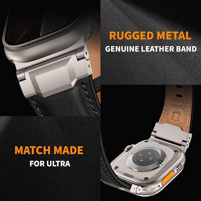Bands Compatible with Apple Watch Ultra 3/2/1 Band 49/46/45/44mm | Genuine Leather Metal Connector Strap for iWatch Ultra Series 11/10/9/8/7/SE/6/5/4/3/2/1, Black/Titanium