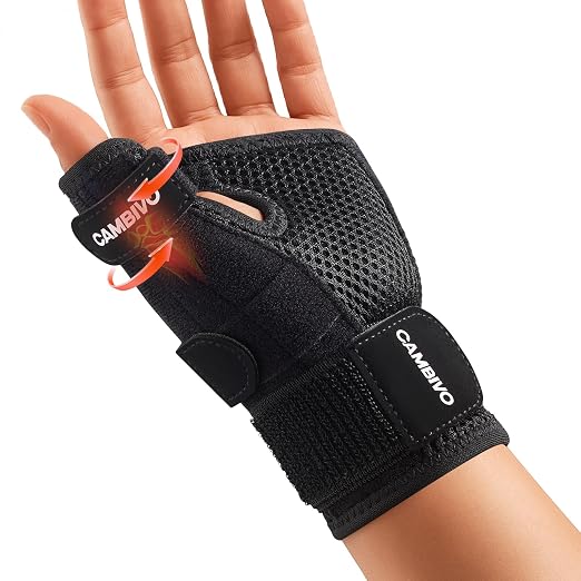 CAMBIVO Thumb Splint & Wrist Brace, Adjustable CMC Joint Pain Relief, Black | Triple Adjustable Straps, Breathable Mesh, Open-Palm Design, Reversible Left/Right Fit, for Typing, Sleep, Daily Tasks