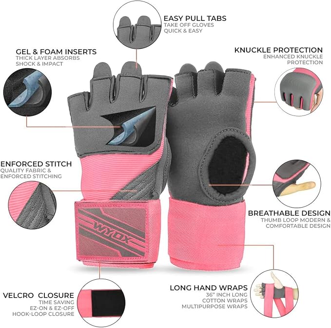 WYOX Neoprene Gel Boxing Hand Wraps Inner Gloves for Men & Women – 80cm/31in Quick Wrist Strap, Padded Knuckle Protection, Fingerless MMA Muay Thai Kickboxing Wraps for Training & Martial Arts