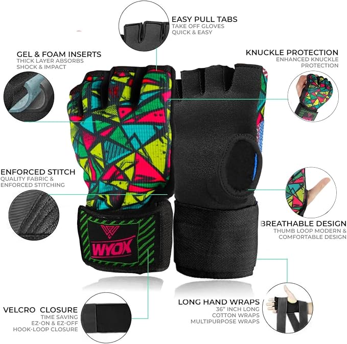 WYOX Neoprene Gel Boxing Hand Wraps Inner Gloves for Men & Women – 80cm/31in Quick Wrist Strap, Padded Knuckle Protection, Fingerless MMA Muay Thai Kickboxing Wraps for Training & Martial Arts