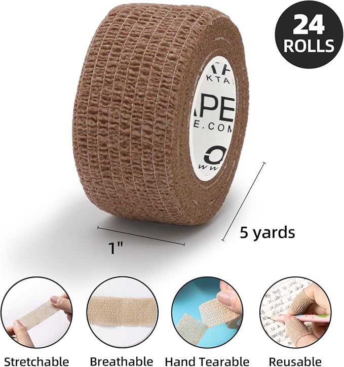 OK TAPE Self Adherent Cohesive Bandages Wrap 24Packs 1" x 5 Yards | Non-Woven Elastic for Thumb Finger Wrist Ankle Self Adhesive Bandage Wrap Breathable Vet Wrap Bandages Tape (Mixed Colors)