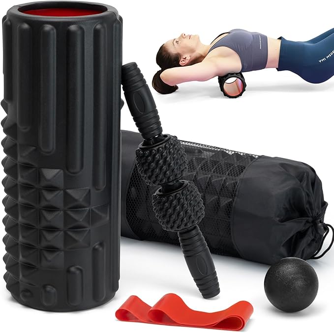 5 in 1 Foam Roller Set, High Density Patented Exercise Roller | Deep Tissue Massage Roller Stick, Massage Ball, Resistance Band for Pilates, Yoga, Whole Body Fitness Exercise, Black