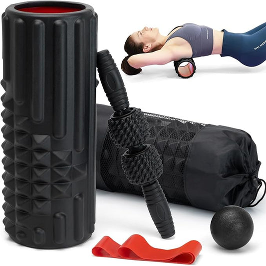 5 in 1 Foam Roller Set, High Density Patented Exercise Roller | Deep Tissue Massage Roller Stick, Massage Ball, Resistance Band for Pilates, Yoga, Whole Body Fitness Exercise, Black