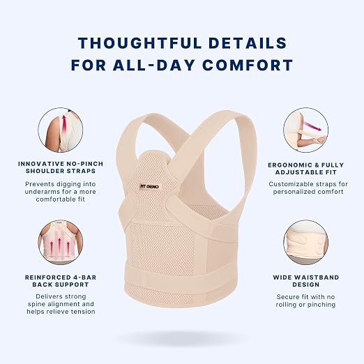 Fit Geno Posture Corrector for Women & Men, Adjustable Upper Back Brace | 4 fiberglass stays with breathable mesh gently pull your shoulders back to correct rounded posture and ease upper back strain