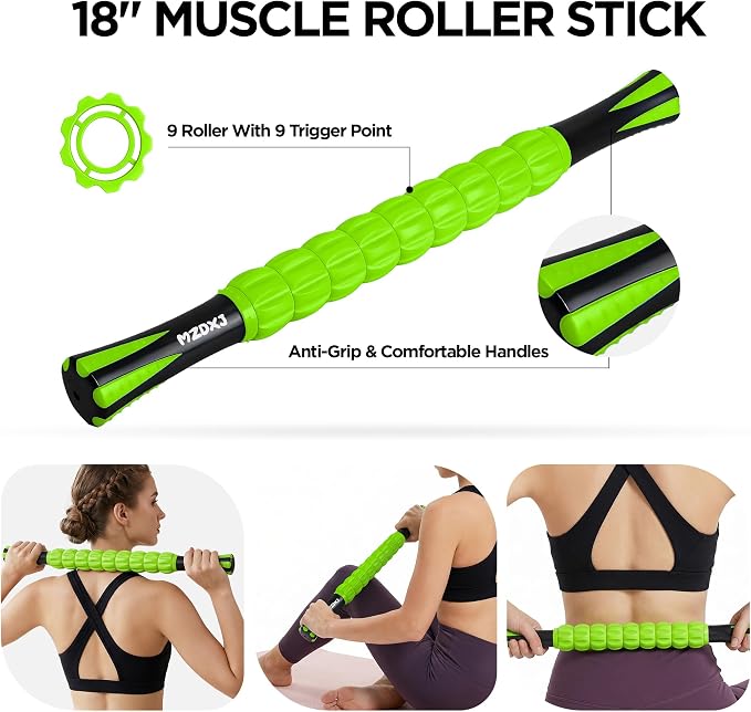 Muscle Roller & Massage Roller Stick for Athletes - Lymphatic Drainage Support, Relieves Muscle Soreness, Cramping & Tightness - Targets Legs, Arms, Back & Calves （Green ）