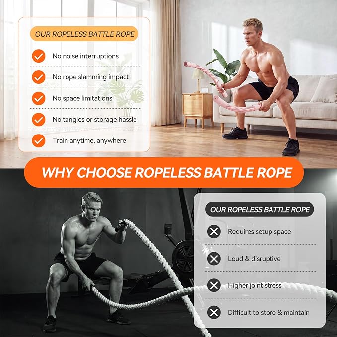 Cordless Ropeless Battle Ropes for Home Gym, 3 Adjustable Resistance, Heavy Duty Strength Training Equipment for HIIT, Full Body Workout, Men & Women, Pink