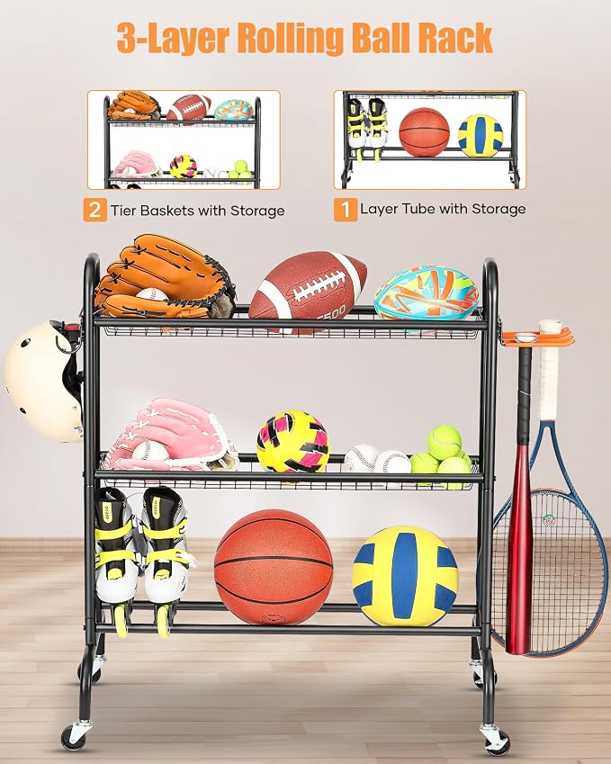 EXTCCT Basketball Rack, Rolling Basketball Shooting Training Stand,Sports Equipment Storage with Wheels, Four-Layer Organizer Holder with Two Basket for Basketballs Footballs Volleyball