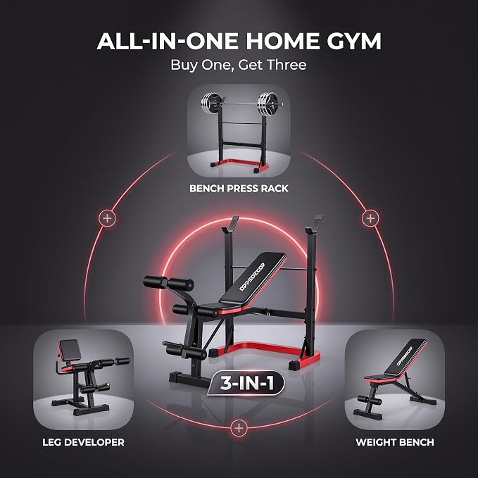 OPPSDECOR Foldable Weight Bench Set with Squat Rack and Preacher Curl Pad | Preacher Curl Bench, Leg Extension and Curl, 660lb Capacit Incline Decline Flat, Foldable Home Gym, For Women Teens Beginners