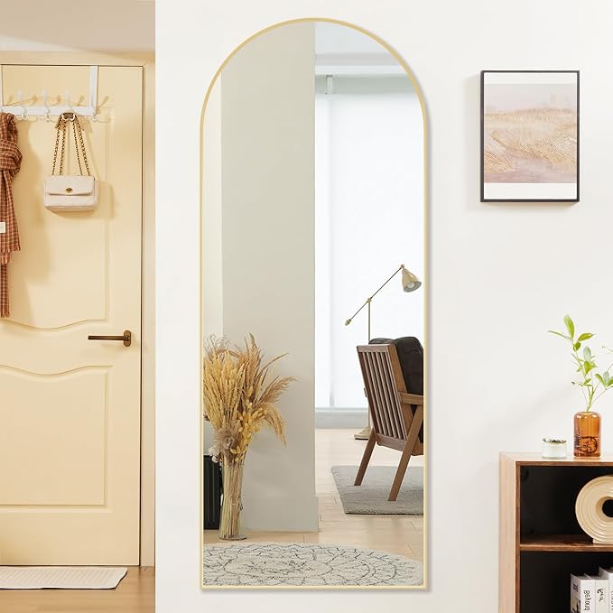 OLIXIS 64"x21.5" Arched Full Length Mirror with Stand, Body Mirror | Shatter-Proof Glass, Hanging or Leaning for Wall, Floor Standing, Bedroom Living Room, Long, Gold