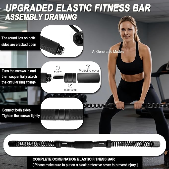 Ropeless Battle Ropes (2-in-1) Elatic Fitness Bar,Cordless Battle Ropes Sticks with Exercise Guide,Portable Home Gym Equipment for HIIT,Strength Low-Impact Workouts for Men & Women Black