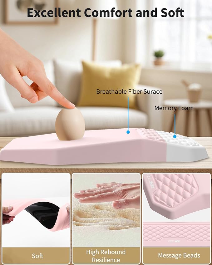 Ergonomic Mouse Pad Wrist Rest and Keyboard Wrist Rest Support Set | Massage Design Mousepad for Carpal Tunnel Pain Relief, Memory Foam, Non-Slip PU Base for Computer Desk, Pink