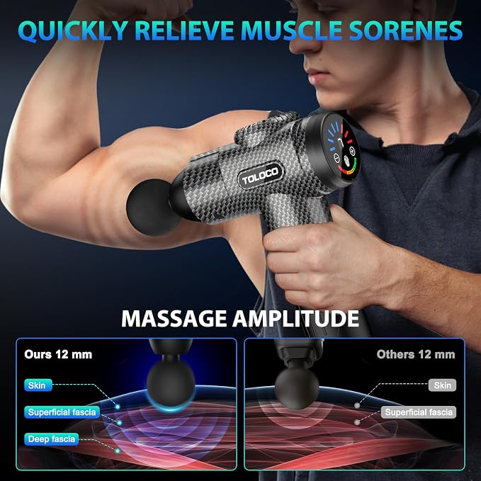 TOLOCO Massage Gun, Deep Tissue Back Massage for Athletes for Pain Relief, Percussion Massager with 10 Massages Heads & Silent Brushless Motor, Fathers Day Dad Gifts, Carbon