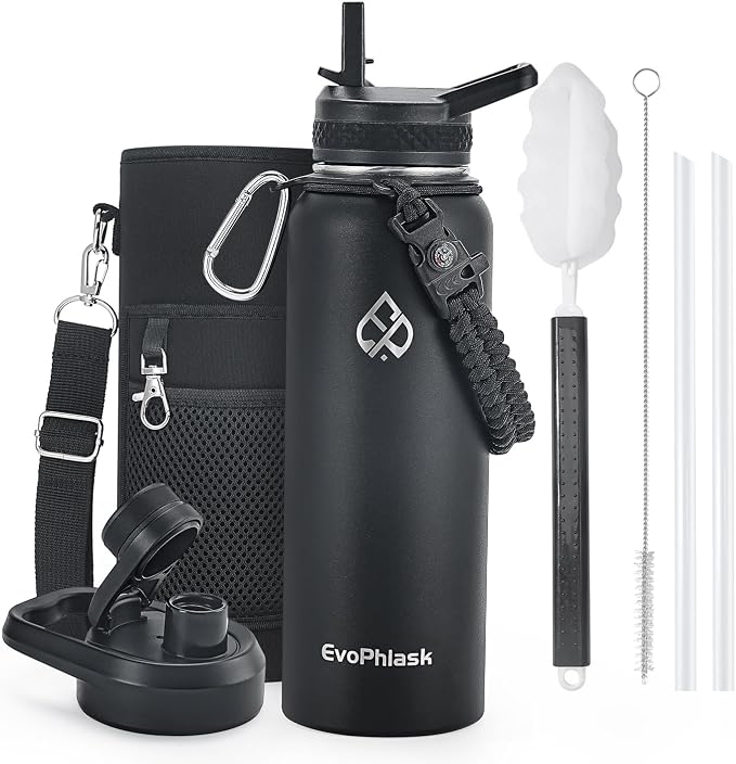 Insulated Water Bottle 40 oz with Carrier Bag, Black | Stainless Steel, Vacuum Insulated Keep Cold 48 Hrs, Large Metal Water Jug, For Travel, Sport, Gym, Hiking