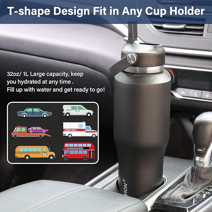 HYDROWION Insulated Water Bottles, Water Bottle fits in Car Cup Holder (Cold 48 hrs, Hot 24 hrs) with Straw Lid, Spout Lid and Flex Cap,T-shpaed Water Bottle Leakproof Travel Thermo Tumbler,Blue&Black
