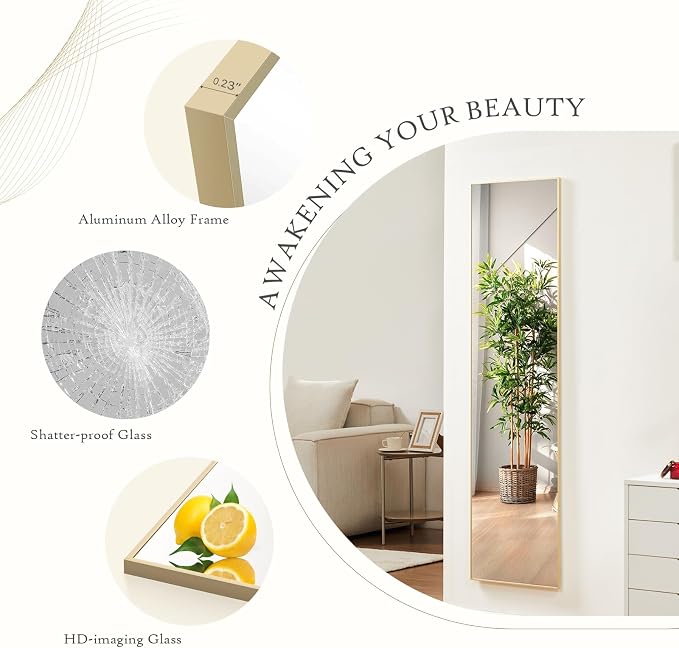 NEWBULIG 59"x16" Full Length Mirror, Full Body Standing Mirror, Gold | Leaning or Standing, Tempered Glass, Aluminum Alloy Thin Frame Floor Stand for Bedroom, Cloakroom