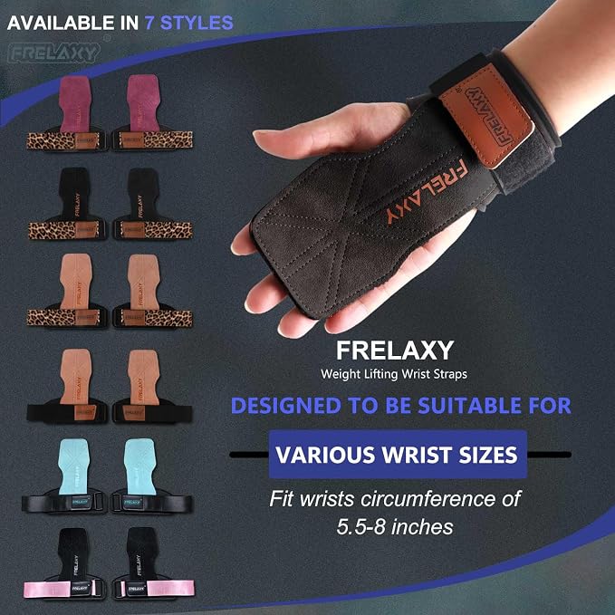 Frelaxy Lifting Wrist Straps for Women and Men, Weight Lifting Grips | Double-layer leather, Cushioned wrist support, Durable construction, Storage pouch, Deadlifts, rows, lat pulldowns