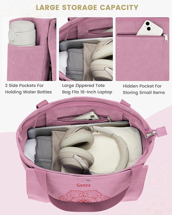 Gonex Yoga Mat Bag For Women Canvas Tote Pilates Gym Bag With Mat Carrier | Front-Opening Quick Access Mat Straps, Durable Cotton Canvas, Machine Washable, Bottle Holder Multi Pockets, Yoga Gym Travel
