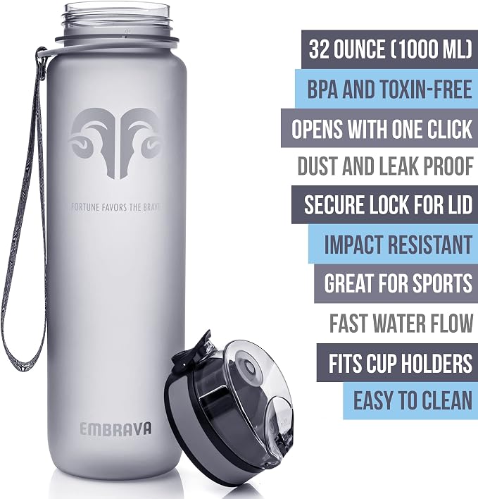 Embrava Sports Water Bottle 32oz - Fast Flow Flip Top Lid - BPA & BPS Free Leakproof Reusable - Lightweight Non-Toxic Tritan Plastic 1 Liter - Gym Hiking Office School Travel