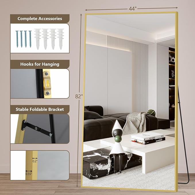 Mirrorons 82"x44" Oversized Full Length Mirror, Floor Standing or Wall Mounted with Hanging Kit, Shatterproof Tempered Glass Mirror for Living Room, Bedroom, Dressing Room, Gym (Gold)