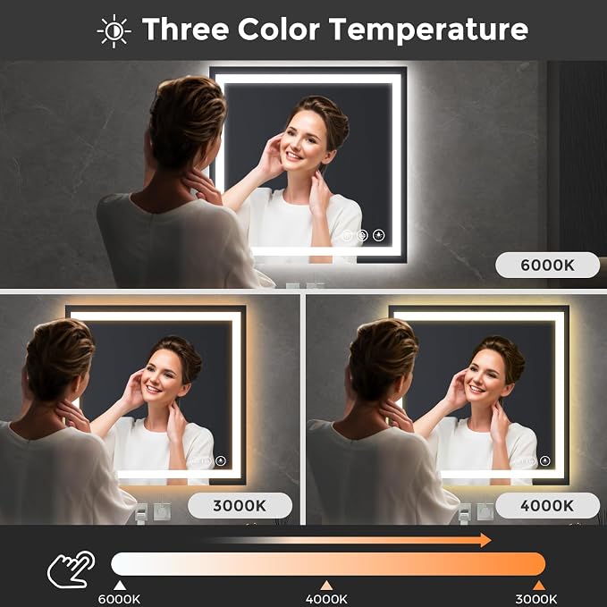 Koonmi 30x30 LED Bathroom Mirror with Light, Anti-Fog, 3 Colors | Backlit + Front Lit, Dimmable Brightness, Shatterproof HD Distortion-Free Tempered Glass, Hardware Included