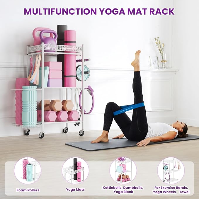 Yoga Mat Storage Rack, Home Gym Storage Rack, VOPEAK Workout Storage for Yoga Mat, Foam Roller, Gym Organizer Gym Equipment Storage for Home Exercise and Fitness Gear