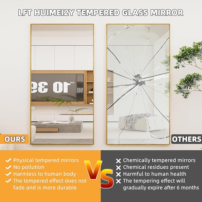 LFT HUIMEI2Y 76"x34" Full Length Mirror, Gold Floor Mirror | Tempered Oversized Mirror Full Body with Aluminum Alloy Frame; Standing, Leaning, or Wall Mount for Bedroom, Living Room