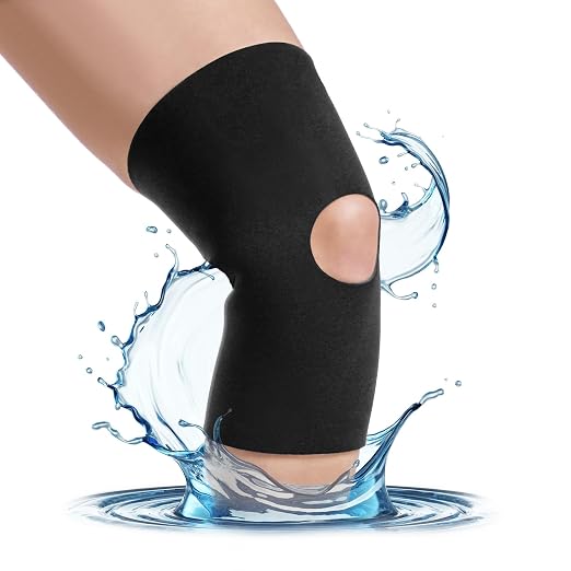 BraceAbility Open Patella/Open Back Neoprene Knee Sleeve | Water-Resistant Athletic Compression Knee Brace for Swimming, Wakeboarding, Scuba Diving, Surfing, Waterskiing and Other Sports (2XL)