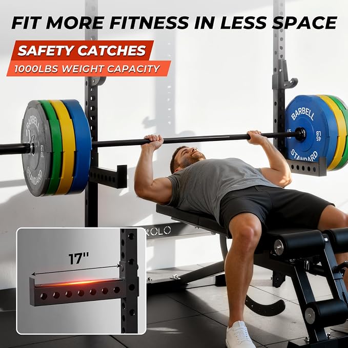 Mikolo 2" x 2" Folding Wall Mounted Squat Rack, 1000 Pounds Capacity Power Rack with Pull Up Bar, J Hooks and Other Attachments, Space-Saving Home Gym