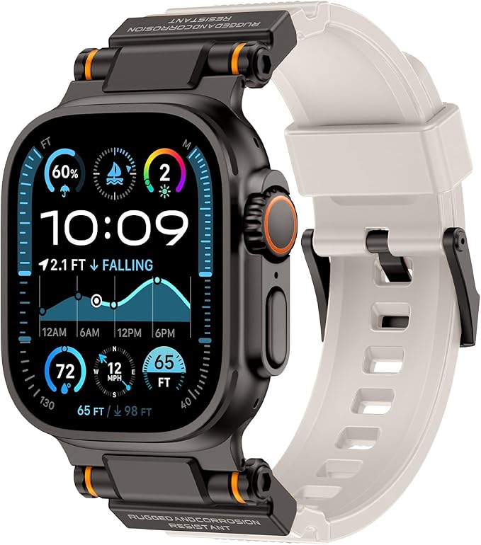 Band Compatible with Apple Watch Ultra 3/2/1 Band 49/46/45/44mm | Metal Connector with Silicone Rugged Strap for iWatch Ultra Series 11/10/9/8/7/6/SE3/SE2/SE/5/4/3/2/1, Starlight/Black