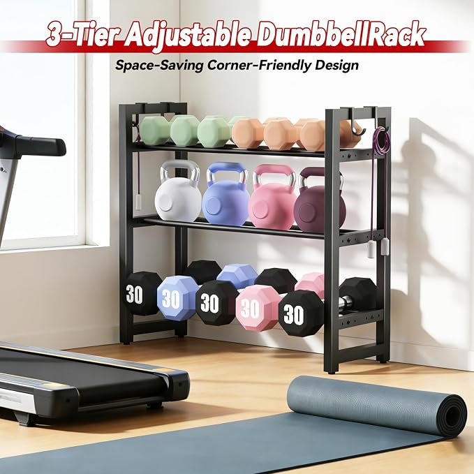 3-Tier Adjustable Dumbbell Rack, Heavy-Duty Weight Rack for Home Gym, Space-Saving Weight Storage Rack for Dumbbells, Kettlebells, Barbells & Plates (Rack Only)
